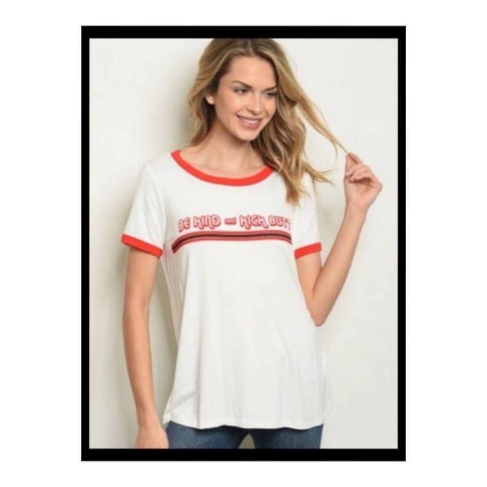 Retro Style Be Kind and Kick Butt White Ringer T - Picture 2 of 4